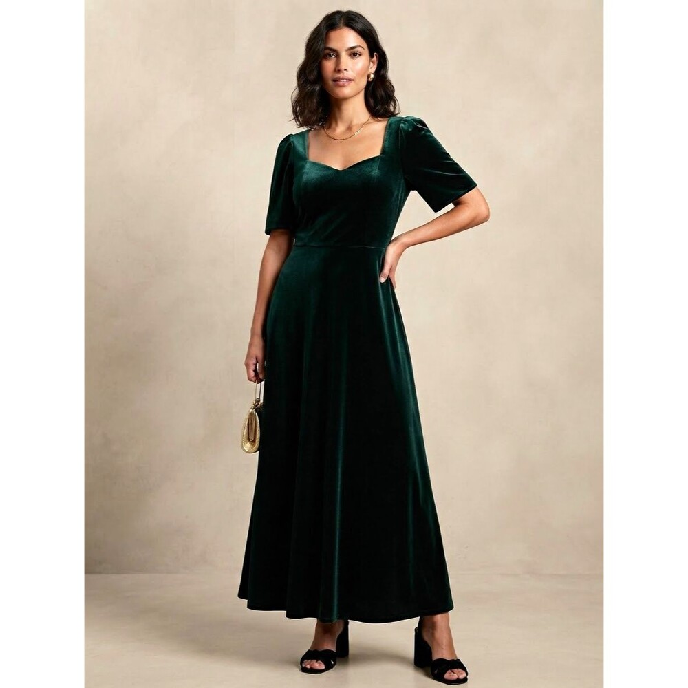 Vintage Laura Ashley 80s Green Velvet Dress With Sweetheart Neck